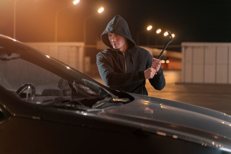 close-up-man-trying-break-into-car-holding-crowbar-Car Insurance Michigan-Stolen Car Coverage in Michigan
